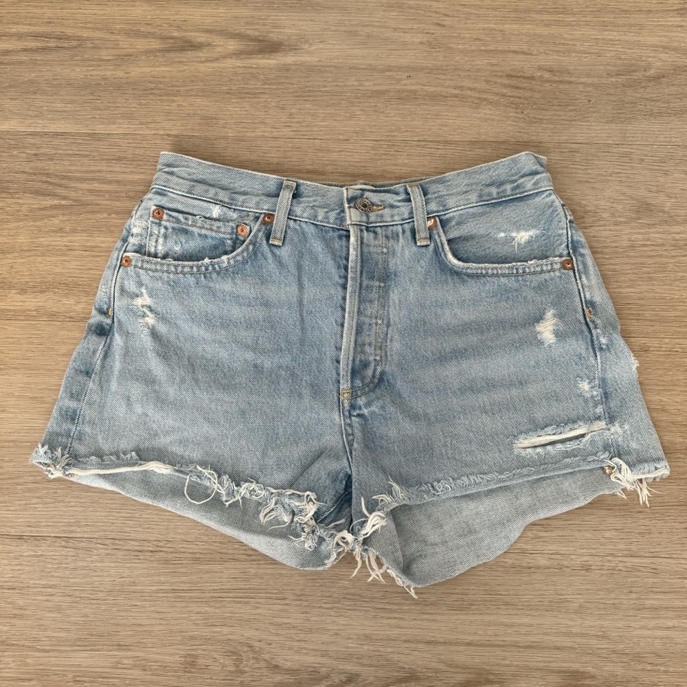 agolde light blue high waisted rise distressed ripped denim jeans shorts bottom